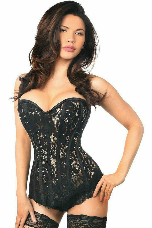 Daisy Corsets Top Drawer Black Lace Steel Boned Corset w/Rhinestones