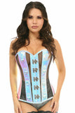 Daisy Corsets Top Drawer Blue/Purple Holo & Black Fishnet Steel Boned Over Bust Corset