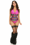 Daisy Corsets Top Drawer Rainbow Glitter PVC & Black Fishnet Steel Boned Under Bust Corset - Flyclothing LLC