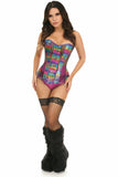 Daisy Corsets Top Drawer Rainbow Glitter PVC & Black Fishnet Steel Boned Over Bust Corset - Flyclothing LLC