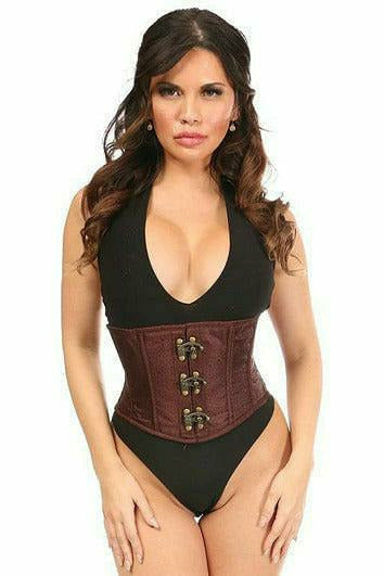 Daisy Corsets Top Drawer Brown Brocade Steel Boned Mini Cincher w/Clasps - Flyclothing LLC