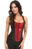 Daisy Corsets Top Drawer Black Satin & Red Sequin Steel Boned Corset w/Straps