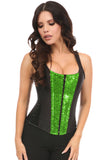 Daisy Corsets Top Drawer Black Satin & Green Sequin Steel Boned Corset w/Straps