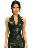 Daisy Corsets Top Drawer Black Faux Leather Steel Boned Collared Bustier Top - Flyclothing LLC