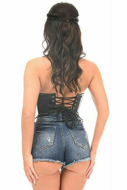 Daisy Corsets Top Drawer Black Faux Leather Steel Boned Collared Bustier Top - Flyclothing LLC