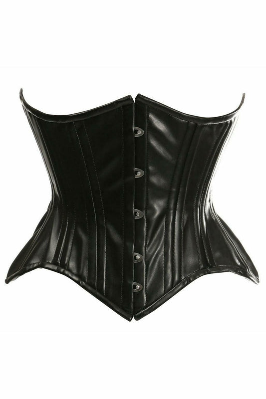 Top Drawer Black Faux Leather Double Steel Boned Curvy Cut Waist Cincher Corset - Flyclothing LLC
