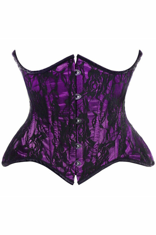 Top Drawer Purple w/Black Lace Double Steel Boned Curvy Cut Waist Cincher Corset - Flyclothing LLC