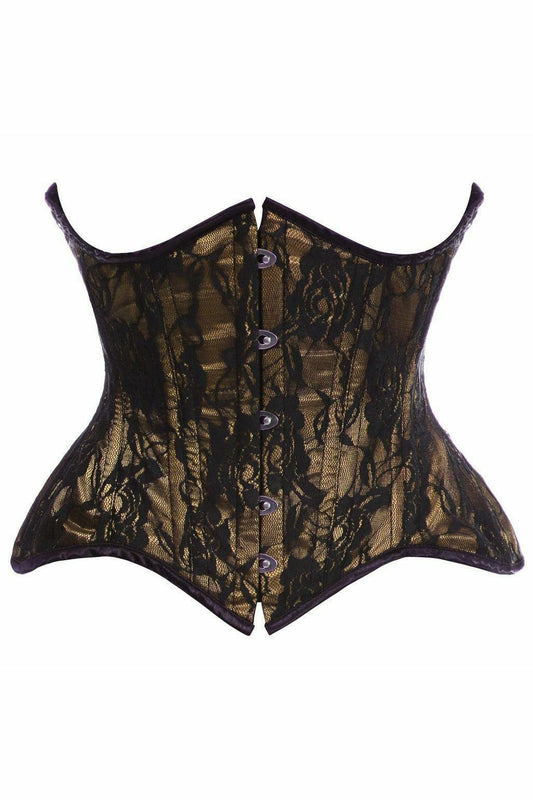 Top Drawer Beige w/Black Lace Double Steel Boned Curvy Cut Waist Cincher Corset - Flyclothing LLC