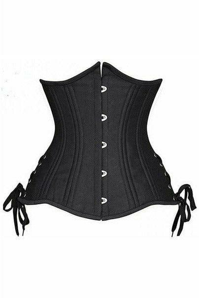 Top Drawer Black Satin Double Steel Boned Curvy Cut Waist Cincher Corset w/Lace-Up Sides - Flyclothing LLC