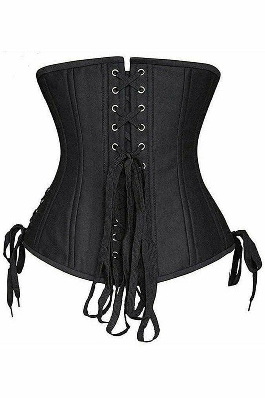 Top Drawer Black Satin Double Steel Boned Curvy Cut Waist Cincher Corset w/Lace-Up Sides - Flyclothing LLC