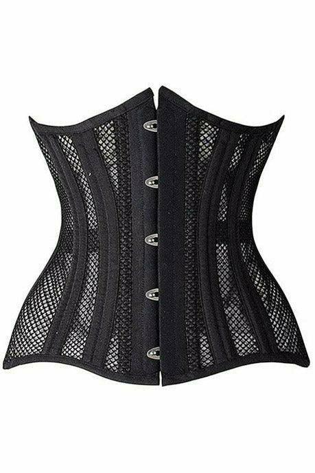 Top Drawer Black Fishnet Double Steel Boned Curvy Cut Waist Cincher Corset - Flyclothing LLC