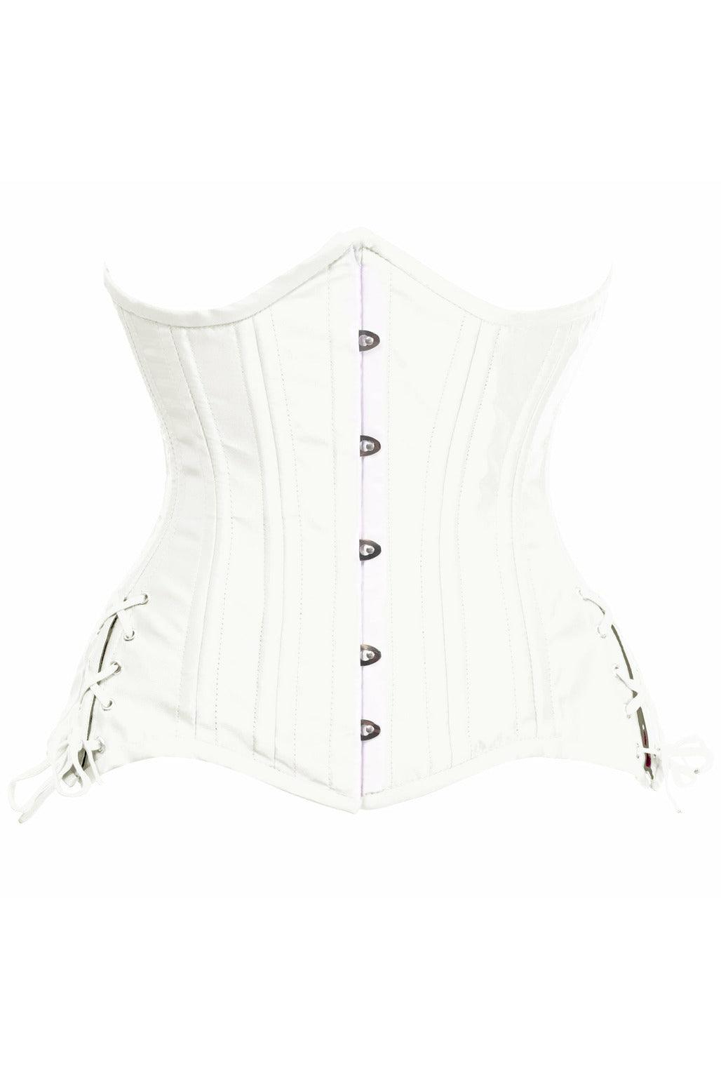 Top Drawer White Satin Double Steel Boned Curvy Cut Waist Cincher Corset w/Lace-Up Sides - Flyclothing LLC