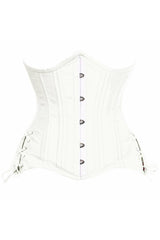 Top Drawer White Satin Double Steel Boned Curvy Cut Waist Cincher Corset w/Lace-Up Sides - Flyclothing LLC