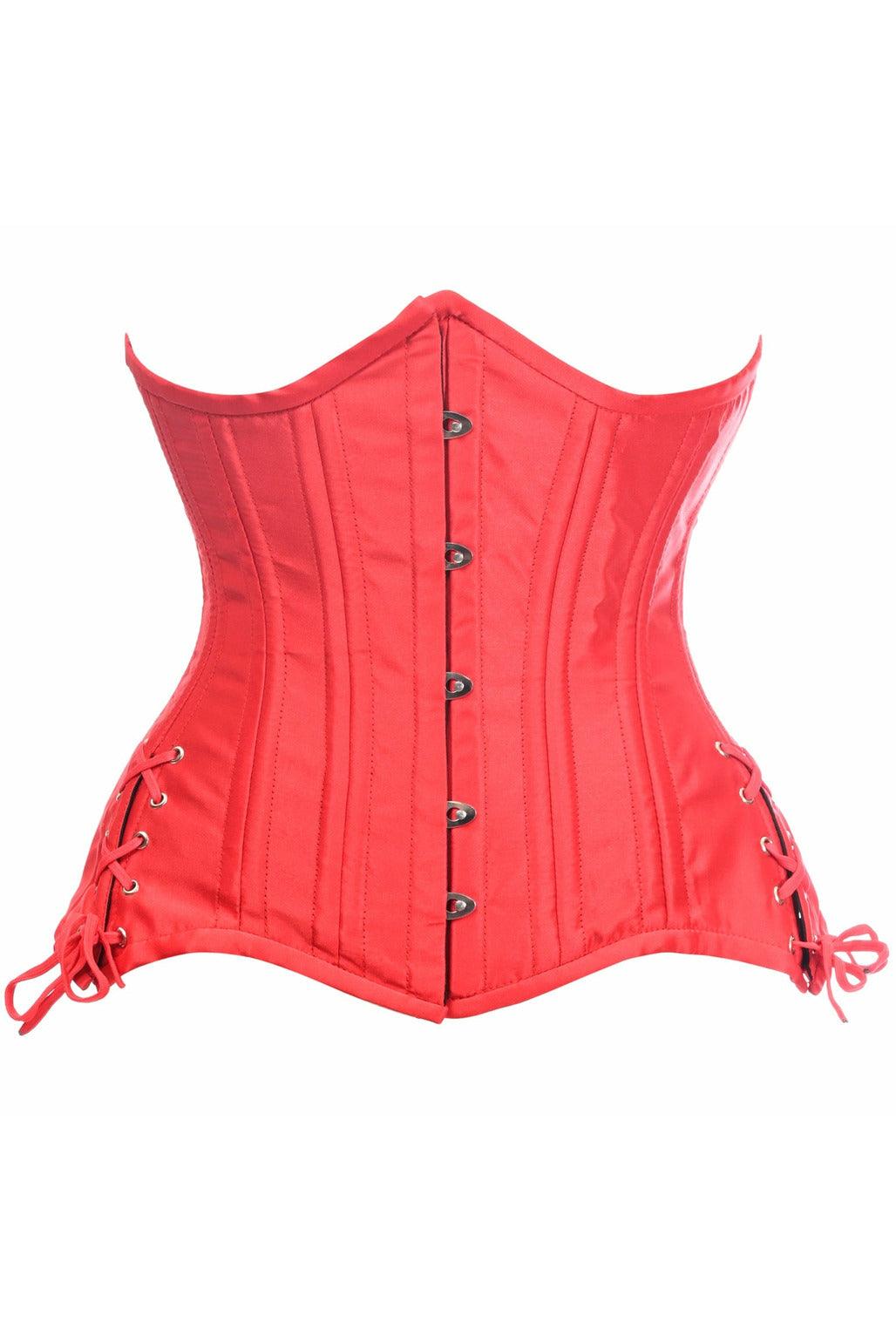 Top Drawer Red Satin Double Steel Boned Curvy Cut Waist Cincher Corset w/Lace-Up Sides - Flyclothing LLC