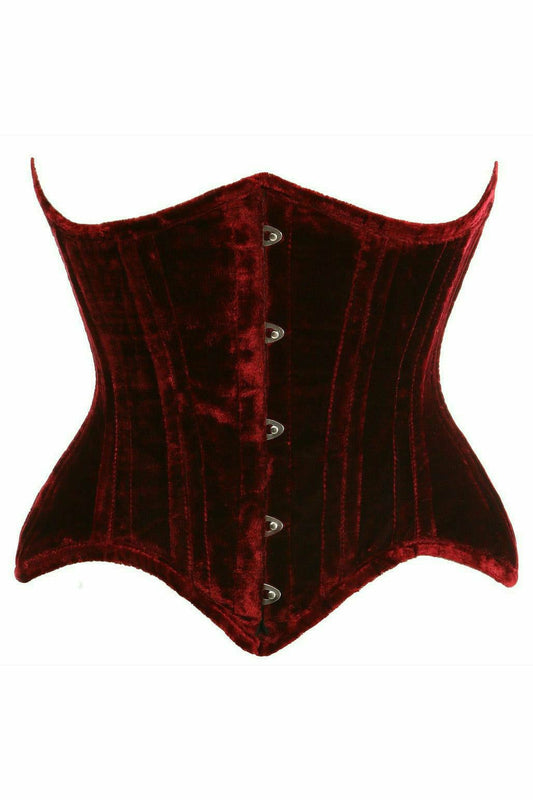 Daisy Corsets Top Drawer Dark Red Crushed Velvet Double Steel Boned Curvy Cut Waist Cincher Corset