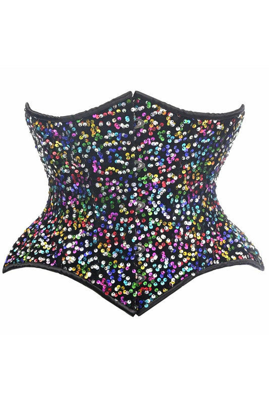 Top Drawer Rainbow Sequin Steel Boned Curvy Cut Waist Cincher Corset - Flyclothing LLC