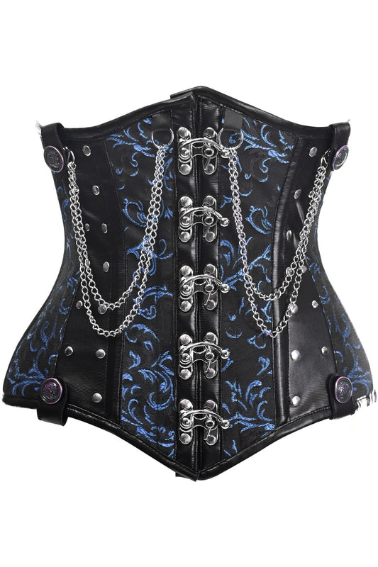 Daisy Corsets Top Drawer Black/Blue Steel Boned Underbust Corset w/Chains and Clasps