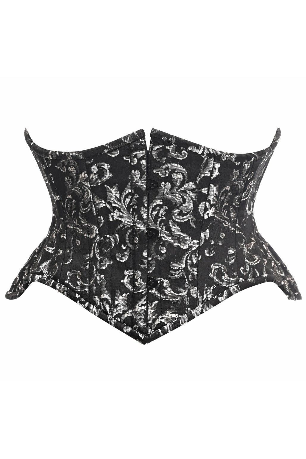 Top Drawer Black/Silver Brocade Double Steel Boned Mini Cincher Corset - Flyclothing LLC