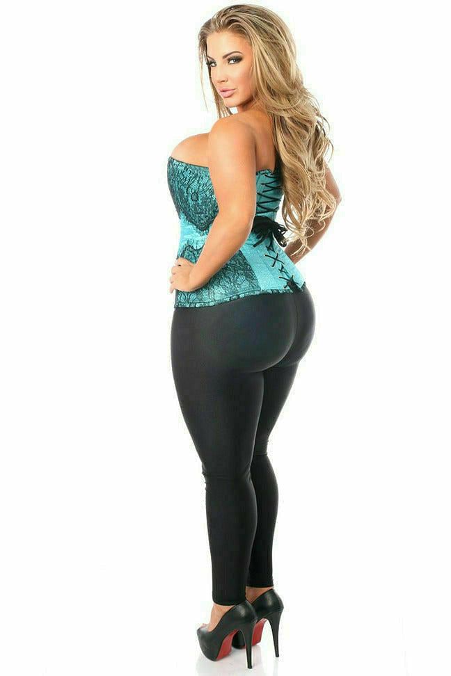 Daisy Corsets Top Drawer Teal Brocade Steel Boned Corset w/Black Eyelash Lace - Flyclothing LLC