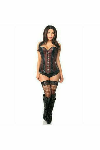 Daisy Corsets Top Drawer Brown Brocade & Faux Leather Steel Boned Corset - Flyclothing LLC