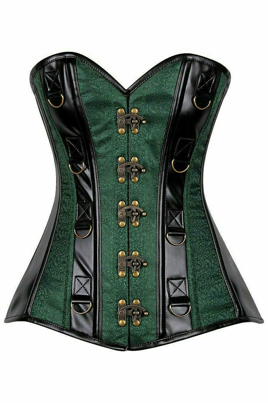 Daisy Corsets Top Drawer Dark Green Brocade & Faux Leather Steel Boned Corset - Flyclothing LLC