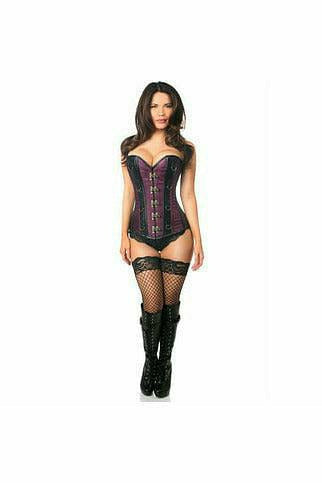 Daisy Corsets Top Drawer Plum Brocade & Faux Leather Steel Boned Corset - Flyclothing LLC