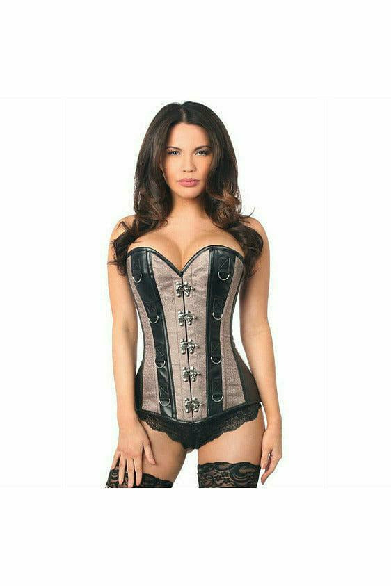 Daisy Corsets Top Drawer Gunmetal Brocade & Faux Leather Steel Boned Corset - Flyclothing LLC