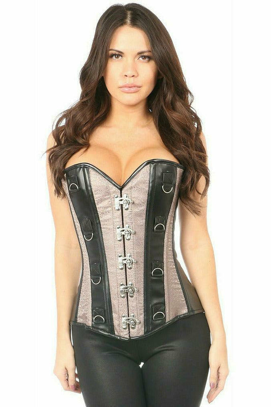 Daisy Corsets Top Drawer Gunmetal Brocade & Faux Leather Steel Boned Corset