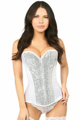 Daisy Corsets Top Drawer White/Silver Sequin Steel Boned Corset - Flyclothing LLC
