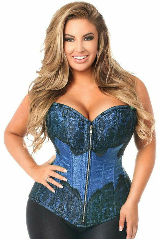 Top Drawer Blue Brocade Steel Boned Corset w/Black Eyelash Lace - Flyclothing LLC