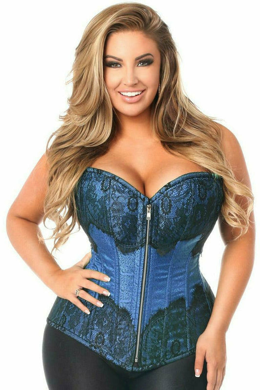 Daisy Corsets Top Drawer Blue Brocade Steel Boned Corset w/Black Eyelash Lace