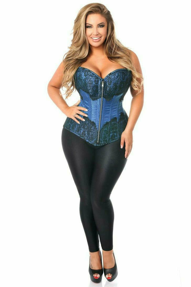 Daisy Corsets Top Drawer Blue Brocade Steel Boned Corset w/Black Eyelash Lace - Flyclothing LLC