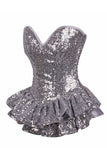 Daisy Corsets Top Drawer Silver Sequin Steel Boned Mini Corset Dress