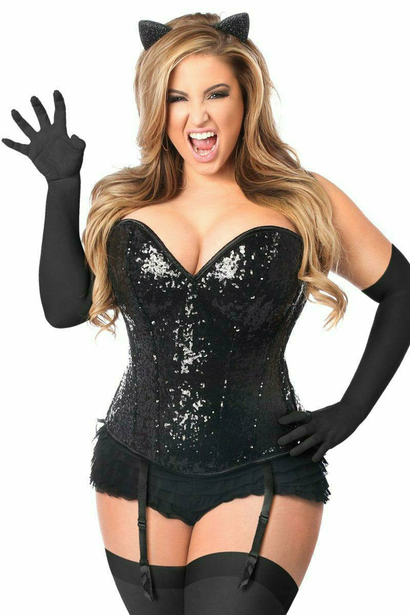 Daisy Corsets Top Drawer 4 PC Sequin Black Cat Corset Costume - Flyclothing LLC