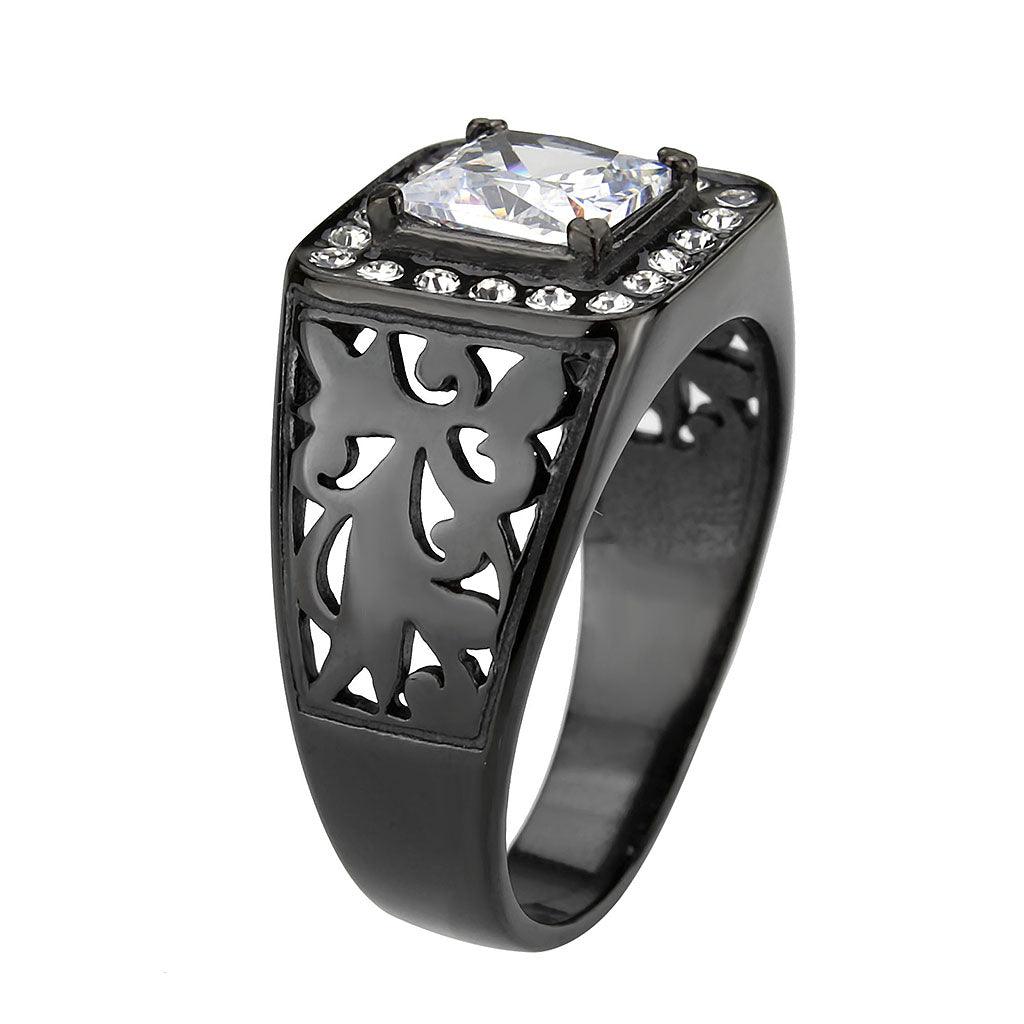 Alamode IP Black (Ion Plating) Stainless Steel Ring with AAA Grade CZ in Clear - Flyclothing LLC