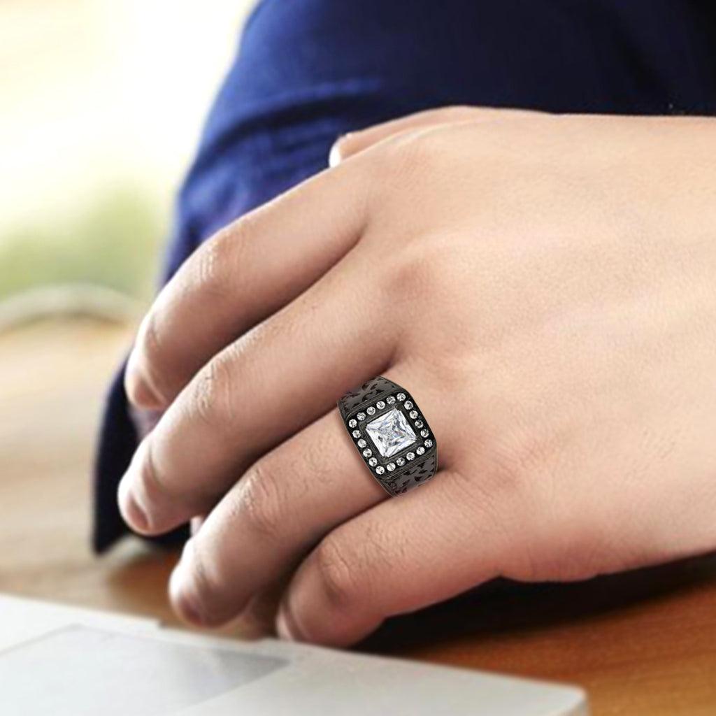 Alamode IP Black (Ion Plating) Stainless Steel Ring with AAA Grade CZ in Clear - Flyclothing LLC