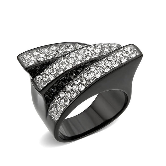 Alamode Two Tone IP Black (Ion Plating) Stainless Steel Ring with Top Grade Crystal in Clear - Alamode