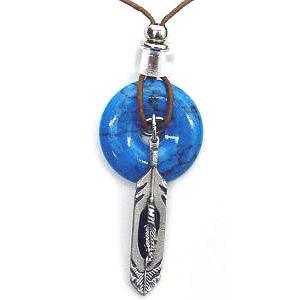 Feather Adjustable Cord Necklace with Torquoise Colored Disc - Flyclothing LLC