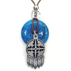 Shield & Feathers Adjustable Cord Necklace with Torquoise Colored Disc - Flyclothing LLC