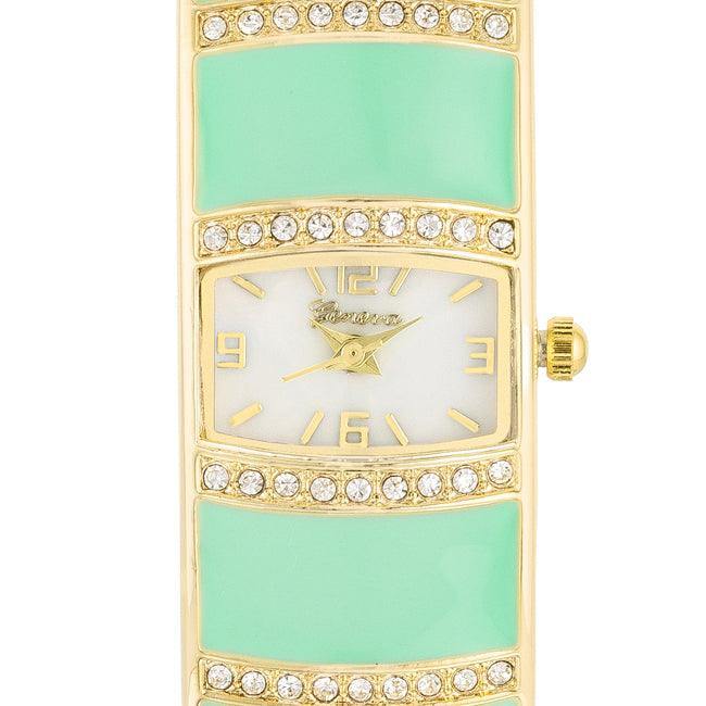 Gold Cuff Watch With Crystals - Mint - Flyclothing LLC