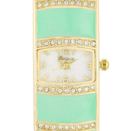 Gold Cuff Watch With Crystals - Mint - Flyclothing LLC