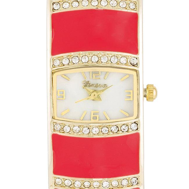 Gold Cuff Watch With Crystals - Pink - Flyclothing LLC