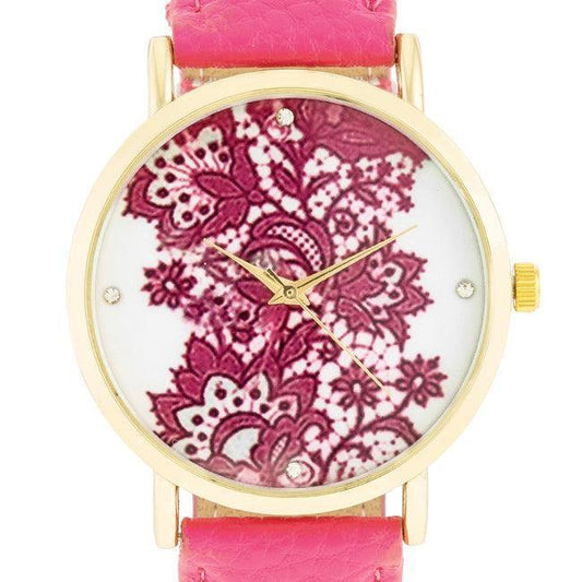 Gold Watch With Floral Print Dial - Flyclothing LLC