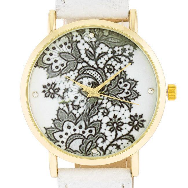 Gold Watch With Floral Print Dial - Flyclothing LLC