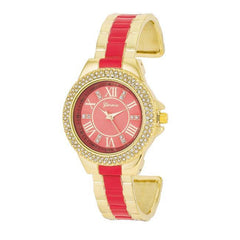 Gold Metal Cuff Watch With Crystals - Coral - Flyclothing LLC