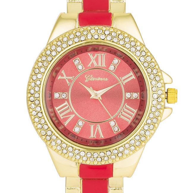 Gold Metal Cuff Watch With Crystals - Coral - Flyclothing LLC