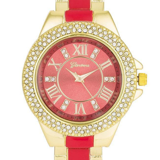 Gold Metal Cuff Watch With Crystals - Coral - Flyclothing LLC