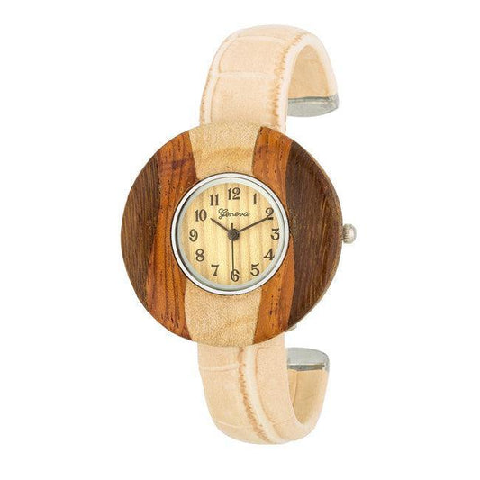 Brenna Beige Wood Inspired Leather Cuff Watch - JGI