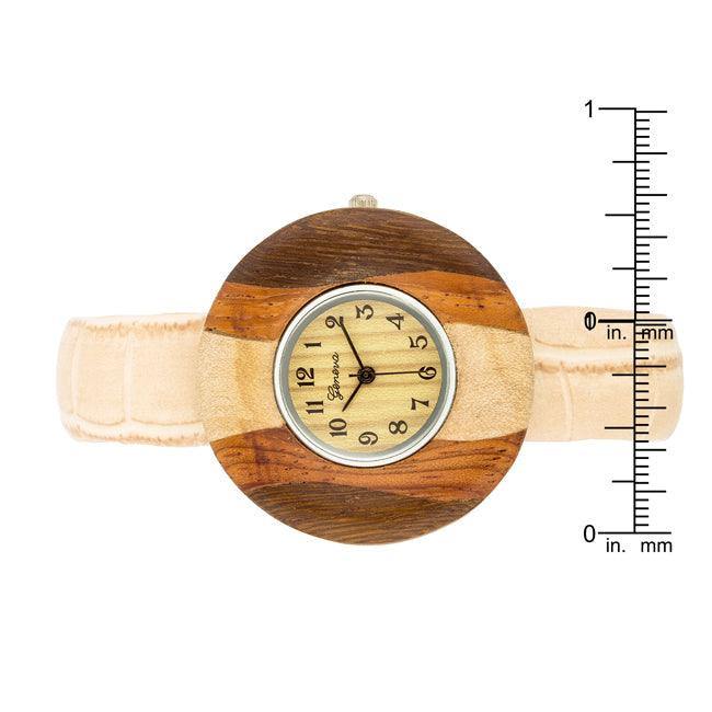 Brenna Beige Wood Inspired Leather Cuff Watch - JGI