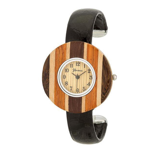 Brenna Black Wood Inspired Leather Cuff Watch - JGI